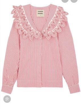 Damson Madder Girls' Red Striped Ruffle Collar Blouse